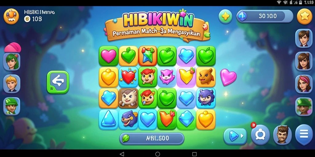 Screenshot gameplay HIBIKIWIN menunjukkan aksi Match-3 yang seru.