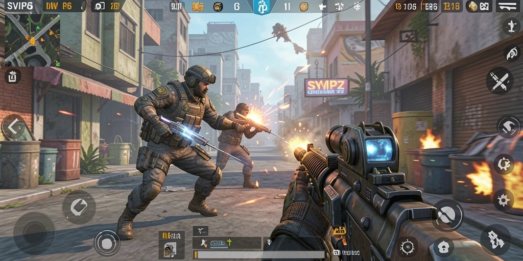 Screenshot gameplay SVIP6 dengan aksi tembak-menembak yang mendebarkan.